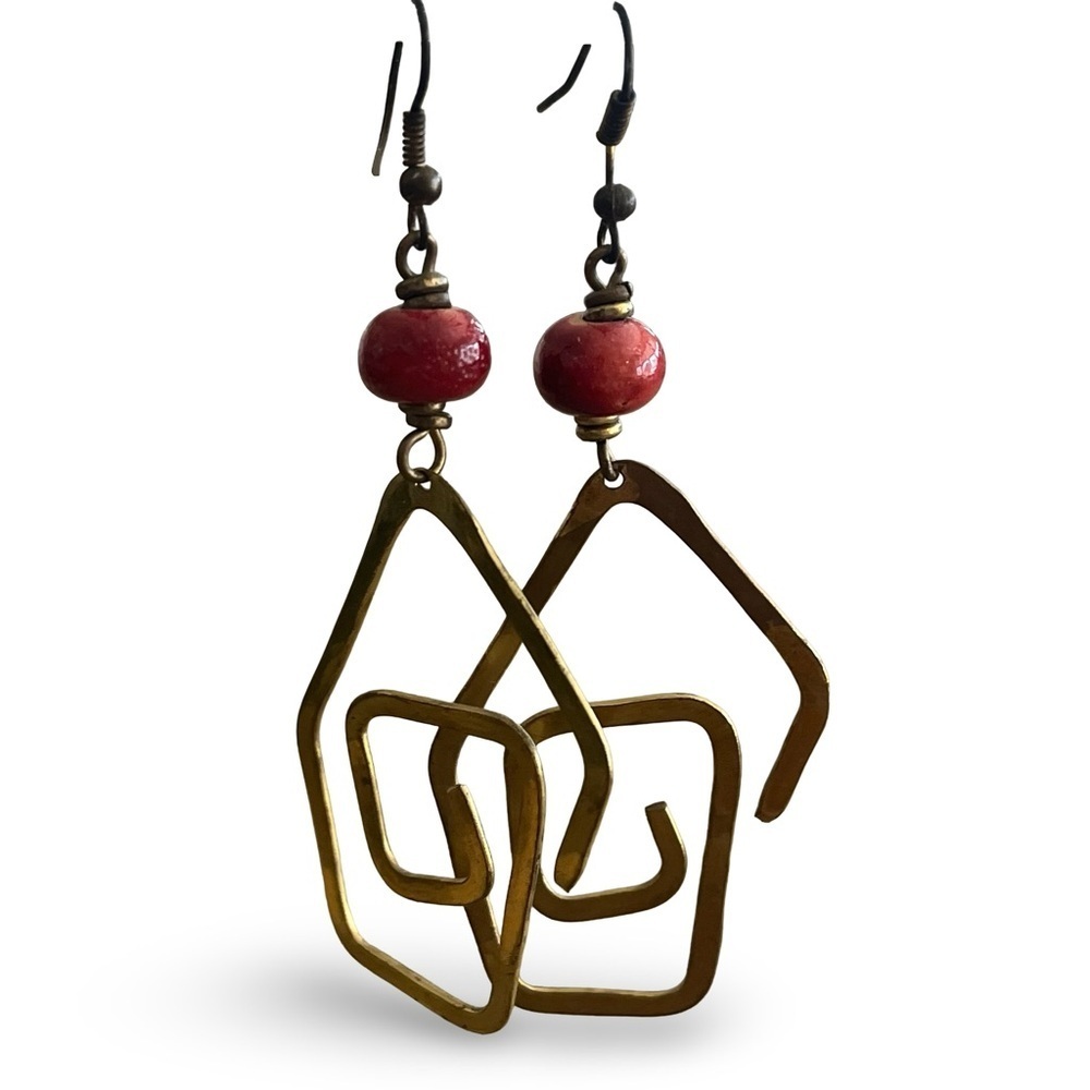 Geometric Bronze and Red Bead Earrings